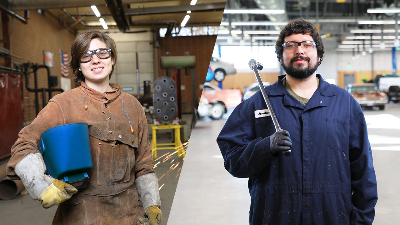 Two welding students posing
