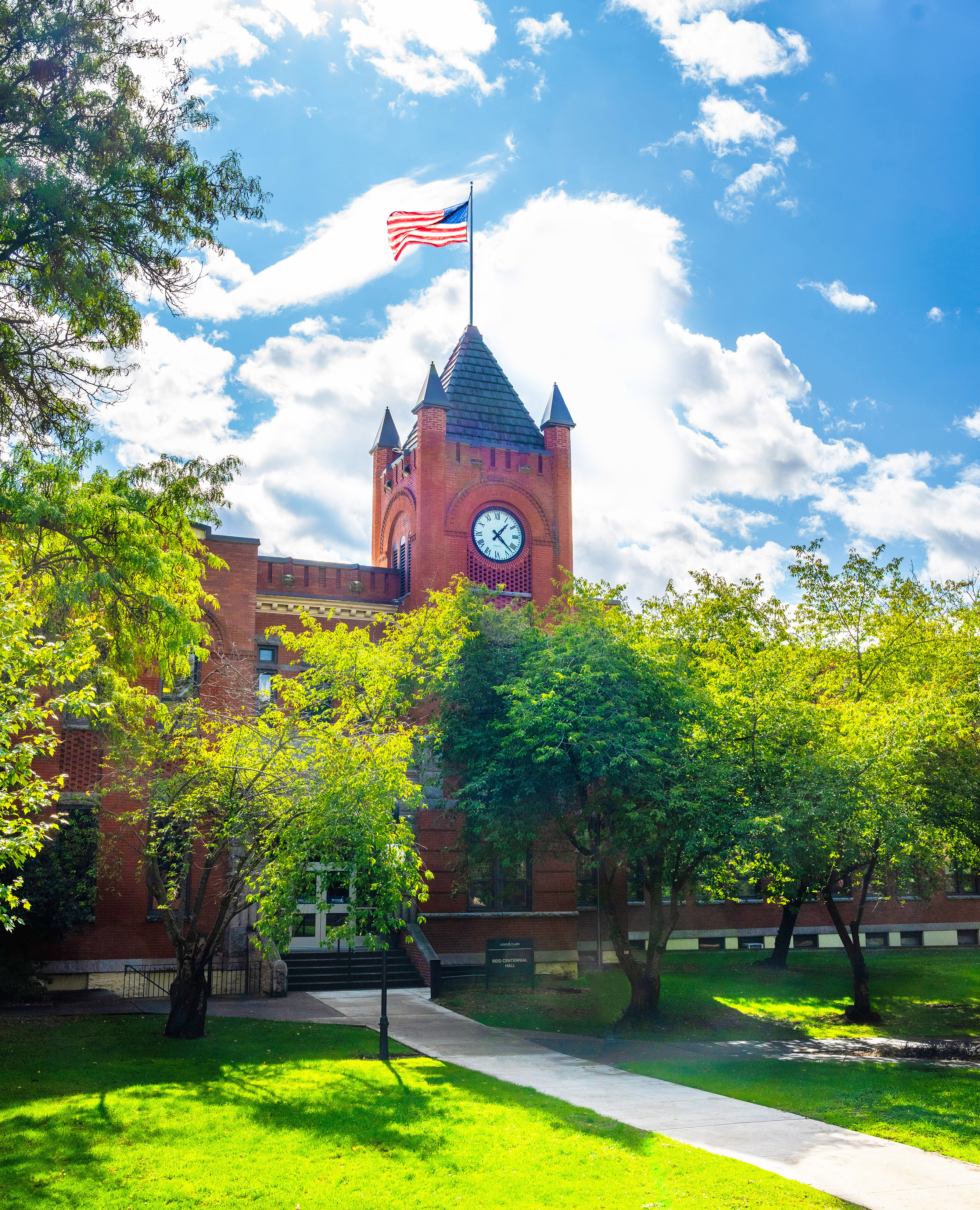 Reid Centennial Hall Clock Tower with US flag flyer above