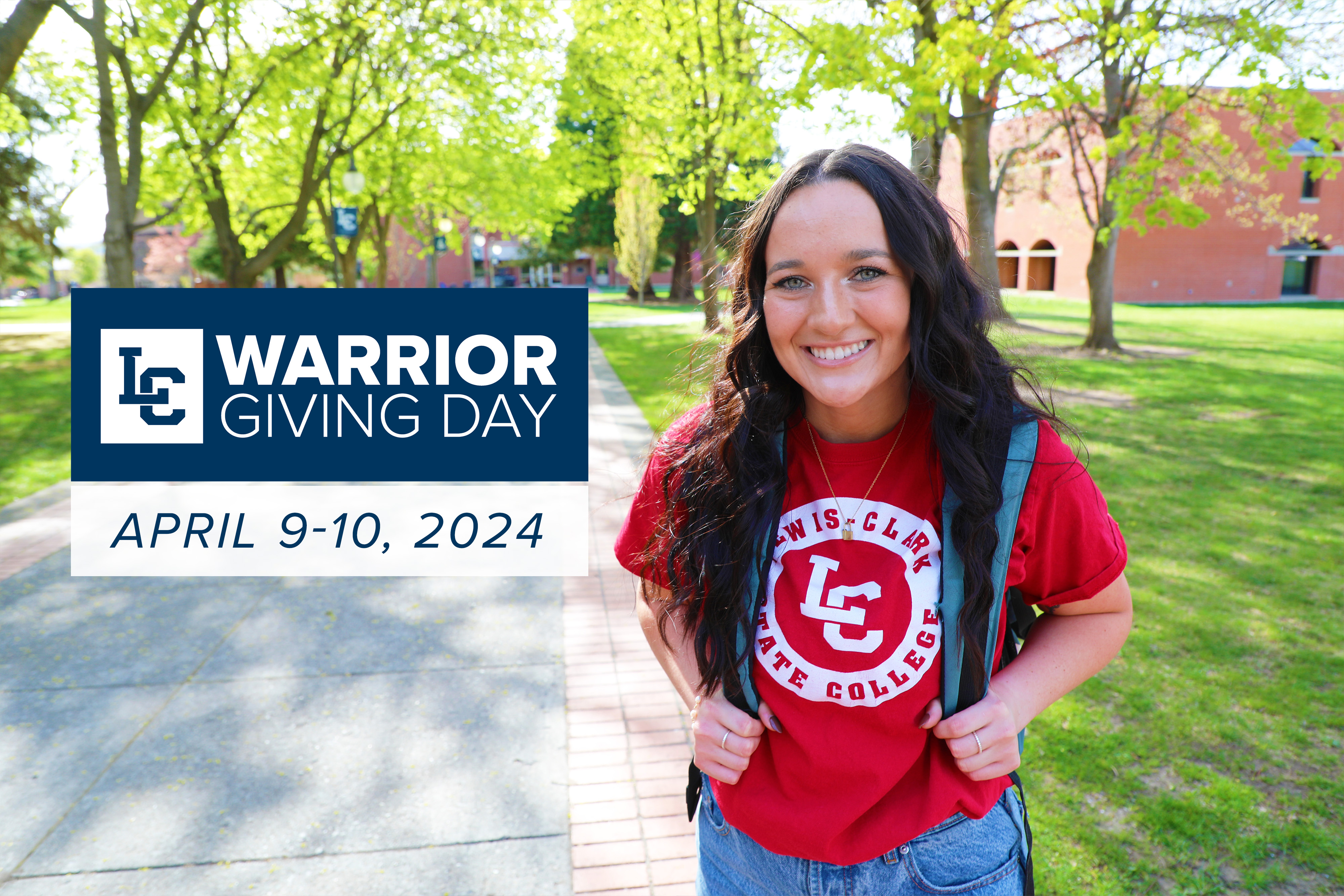Female On Campus With Warrior Giving Day Logo