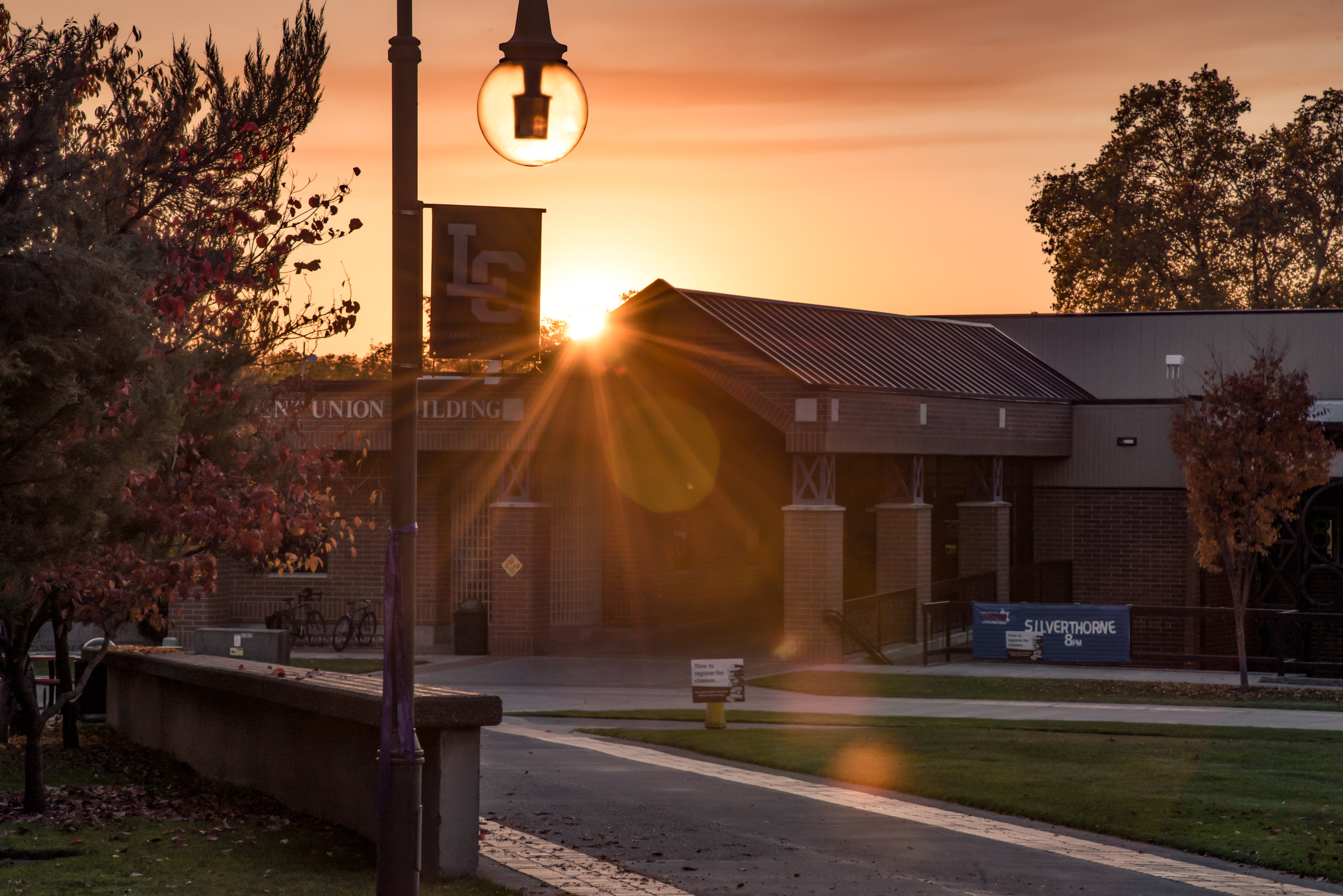 Sunset in the background of the Student Union Building