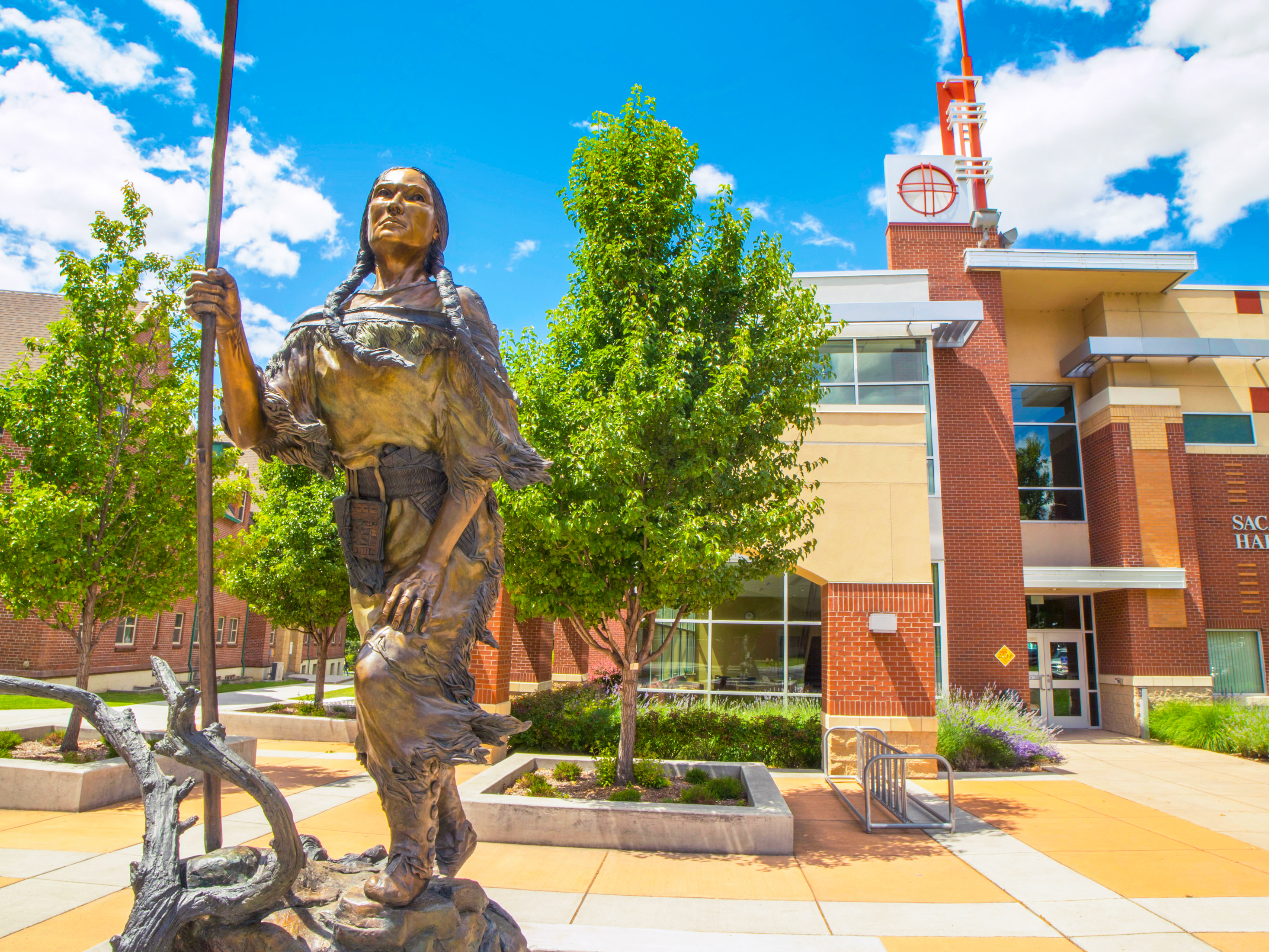 Sacajawea statue in front of Sacajawea Hall